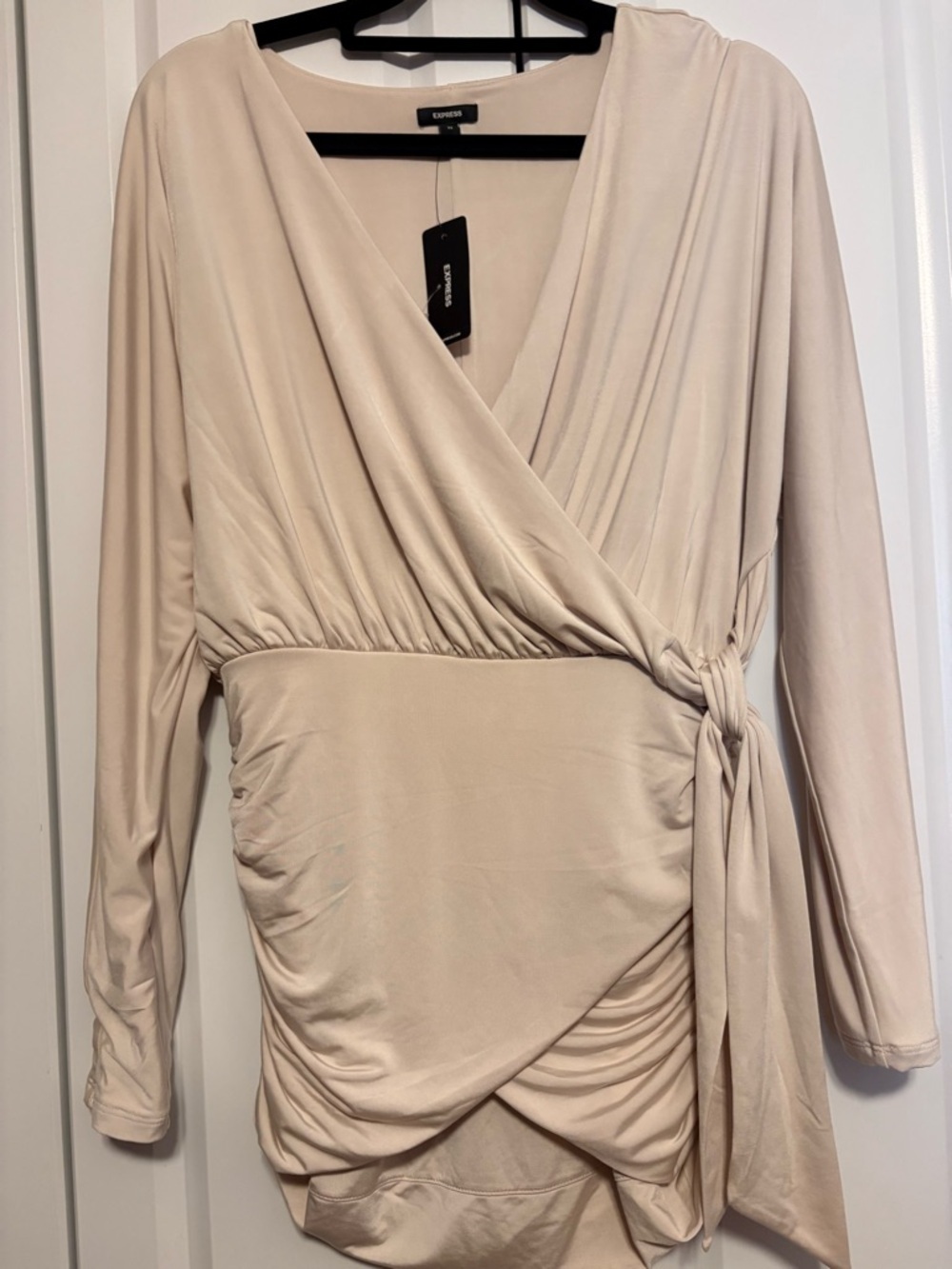 Express Beige Wrap Tunic Top / Mini Dress XS NWT Ruched Side Tie - Picture 2 of 6